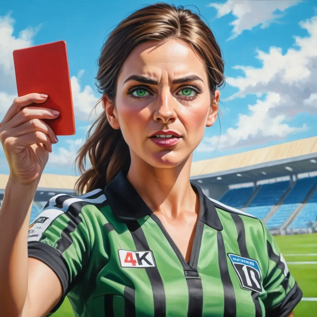 Prompt: 4k,oil painting,high resolution,professional, bright colors , blue sky ,soccer arena,low angle shot , a female referee is giving a small red card, portrait , focus on legs, detailed face , angry face , brunette face , green eyes , dynamic , realism 