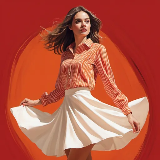 Prompt: (woman posing gracefully), digital painting, high resolution, (elegant pose), a striking red-orange  background that enhances the subject, wearing a vibrant orange and red striped shirt, complemented by a flowing white skirt , low angle shot