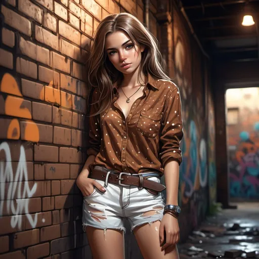 Prompt: high resolution , bright colors , 4k , A digital painting of good looking woman in brown blouse with a patterns of white dots  ,jeans shorts with belt ,long brown hair , bracelet,  , dark , night, brick wall (graffiti) and rusty pipe , old and neglected area  , street , she is leaning against the wall in modeling pose,