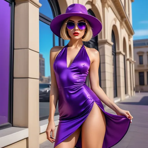 Prompt: 4k,oil painting,high resolution,professional, bright colors , modeling , purple themed photo , a rich woman is modeling  ,she is standing near building  ,bob haircut,blonde hair,mini slit purple dress reveals legs,focus on legs ,purple hat,she wears sunglasses , mirrored lens,, close up , portrait 