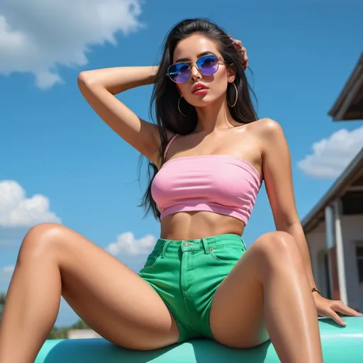 Prompt: 4k,oil painting,high resolution,professional, bright colors , blue sky,modeling , , a rich woman is modeling  ,she is sitting  ,long haircut,black hair, green shorts , pink tube top shirt ,focus on legs ,she wears sunglasses , mirrored lens, close up , portrait , modeling pose , low angle 