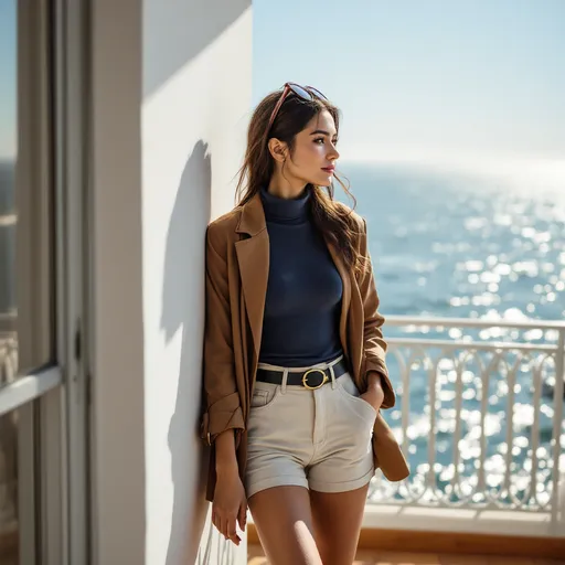 Prompt: 
Bathed in the soft glow of morning light, a woman leaning against white wall in a serene balcony overlooks the shimmering expanse of the ocean, where gentle waves meet the horizon , wearing opened brown jacket , navy blue turtleneck , off-white fitted shorts with black belt (circular buckle) ,sunglasses atop her head
 , inviting relaxation and quiet conversation. The warm wooden flooring complements the light, airy ambiance, while the delicate railing evokes a sense of elegance against the backdrop of tranquil waters, creating a peaceful retreat perfect for unwinding under a clear blue sky

