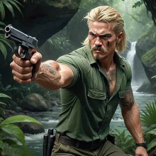 Prompt: 4k , high resolution , detailed , digital painting ,professional , action movie, dark colors , jungle ,river , rock, a man , he holds a pistol and aims it , green undershirt , army pants , mullet hairstyle , blonde hair , the parted pencil mustache , muscular , aim stance ,badass look , tattoo of skull on his arm , angry face , teeth expose , full body  