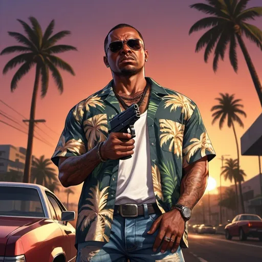 Prompt: 4k , high resolution , detailed , gta style ,dark colors , digital painting , palm tree ,sunset ,light ,road , cars ,outdoor , dramatic atmosphere  ,opened hawaiian shirt, jeans , a black man in the street , tough face , sunglasses , mirrored lens , braids haircut ,muscular figure , he holds a pistol , shooting , low angle shot  , close up 