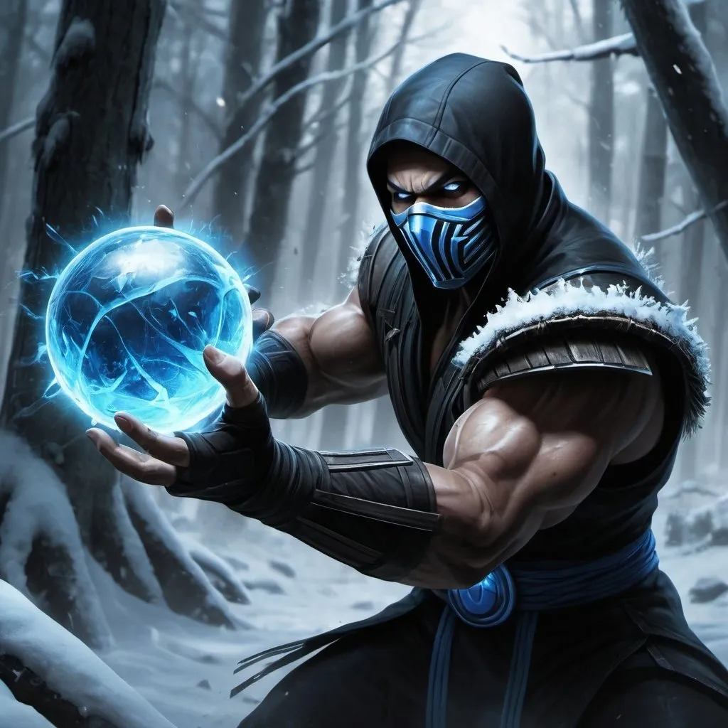 Prompt: high resolution ,4k , fantasy , ,dark ,frozen forest , colors , digital painting , hyper realism , mortal kombat ,aggressive , violent,
 , sub zero is in throwing stance, an ice ball , the ice ball is in the air , dynamic ,
white glowing eyes , arms are frozen ,blue aura around the ice ball and around sub zero's hands , low angle shot , show full body 