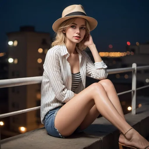 Prompt: a woman wearing  opened white and black striped linen shirt ,tube top shirt under the linen shirt, blue short skinny  jeans, beige fedora hat , 
a woman is sitting on the ground in modeling pose , rooftop , night , railing , ,, lights on the woman , 
blonde hair , 4k , high resolution , professional , glamour photography , art photography , digital painting , detailed features  ,legs ,focus on legs , fashion ,bright colors 