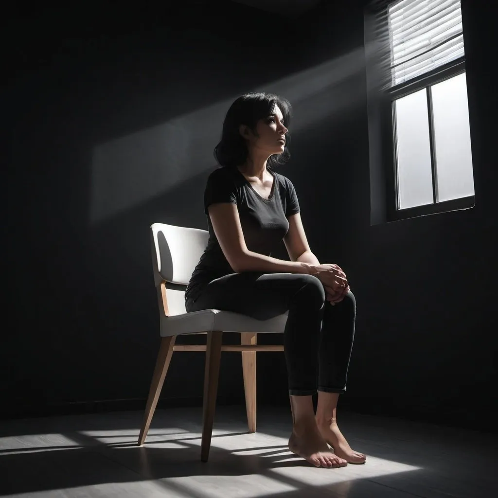 Prompt: low-angle of digital painting of a 35 years old woman in a dark room,she is sitting on white chair , black wall , sunlight streaming through a window, black hair, black short shirt, black short pants, ,achromatic colors, 4k, high resolution, art photography, modeling pose, intense lighting, dramatic shadows, professional, detailed, atmospheric lighting , 