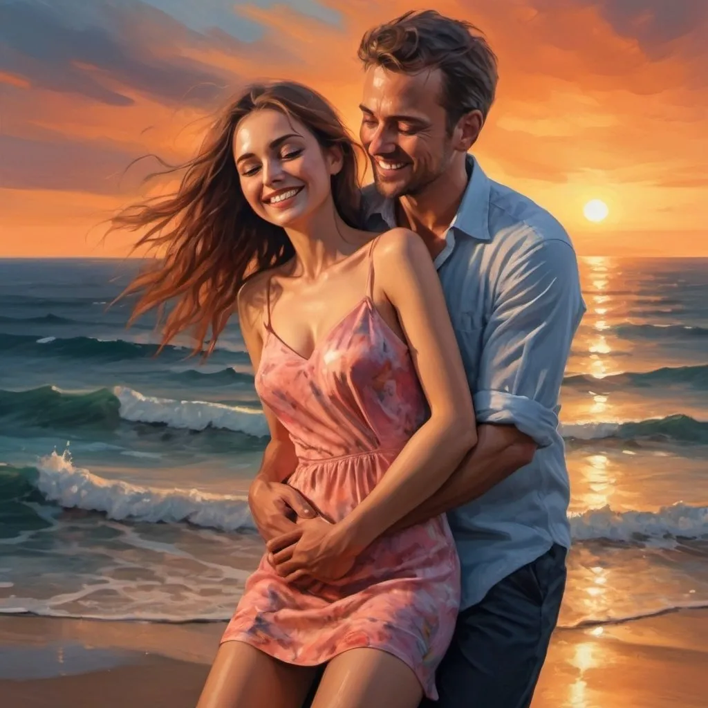 Prompt: 4k , high resolution , realism , digital painting , sea , sunset , expressionism , romantic scene ,artistic , a woman is being hugged by a man ,he stands behind her , the man catches her leg, they both smile  , close up 
the woman wears mini dress , legs

