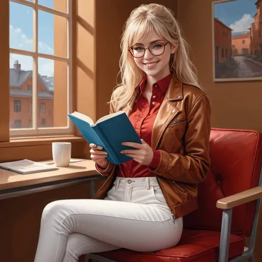 Prompt: 4k , high resolution , detailed room ,  digital painting  ,window , caramel wall  , an elegant sits on chair and smile , she holds a book ,blond hair , bangs hairstyle , glasses , blue eyes, she wears brown opened jacket and red crop top shirt under the jacket , white tight long pants , 