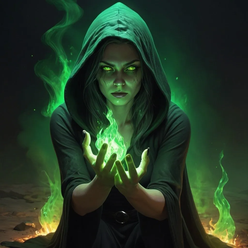 Prompt: 4k , high resolution,fantasy , digital painting , illustration , mythology , dark place  , dirt floor , a  witch holds magical green glowing  fire in her hands  , green aura around the woman , black hood , glowing eyes , slit skirt , barefoot  , portrait , close up on woman , modeling stance , detailed face , combat stance 