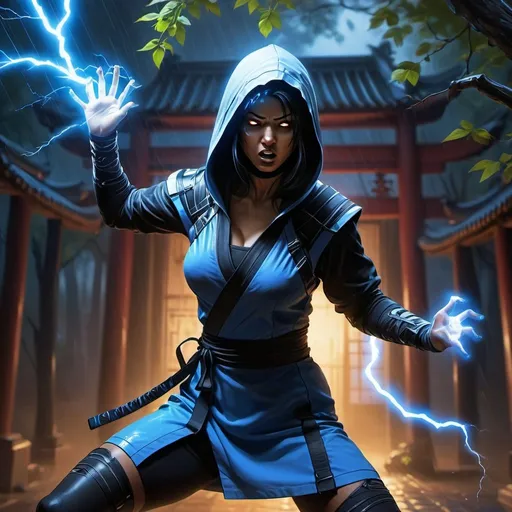 Prompt: 4k ,oil painting ,fantasy, high resolution ,artistic,modeling,mortal kombat character , a female ninja throws an thunder magical balls,thunder lights in background ,blue light caused by the thunder,she leans against a tree,black hair,she wears a hood , long blue ninja outfit , white short skirt reveals legs, low angle shot ,focus on legs ,thigh,dynamic , wind ,rain,old chinese temple  , powerful look, throwing stance , angry face ,electric white eyes  , she is screaming , electric aura around the female ninja