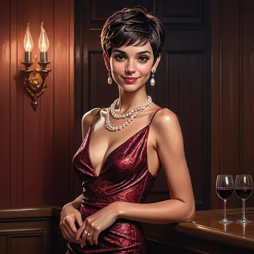 Prompt: 4k , high resolution , detailed , digital painting , dark colors , wooden wall , 
a womans standing in modeling pose  and she is holding a glass of red wine  , Bordeaux party dress revealing legs   ,black skin color , short pixie  hair , earrings , pearl necklace  , she is looking at the viewer with slight  smile , , good composition (center)