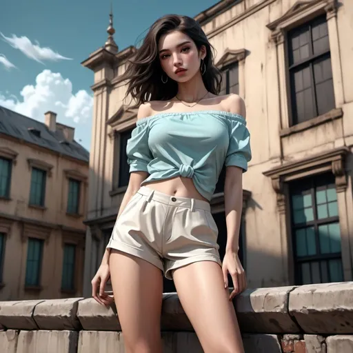 Prompt: 4k , high resolution , modeling , fashion, outside  ,digital painting , realism , urban  , old buildings are behind , sky , black windows ,woman stands near wall, artistic modeling stance , artistic , creme white shorts ,  off shoulder tiffany blue shirt , legs , dark colors , unique pose , low angle shot