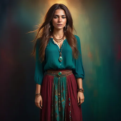 Prompt: high resolution , bright colors , 4k , A digital painting of good looking woman in blue blouse shirt with Bohemian Maxi Skirt
  ,long hair , bracelet, emerald green neckless stone with golden chains ,  she is in studio backdrop with a textured dark red and maroon gradient, featuring soft shadows and a moody vignette effect, creating a warm and elegant ambiance." , she is standing in a modeling pose , artistic photography , fashion  