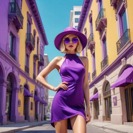 Prompt: 4k,oil painting,high resolution,professional, bright colors , modeling ,summer, purple themed photo ,  a rich woman stands between two fancy buildings ,she is modeling, bob haircut,blonde hair,mini slit purple dress reveals legs,focus on legs ,purple hat,sunglasses , mirrored lens,, close up , portrait , view from the ground 