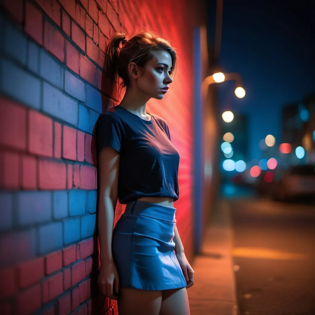 Prompt: A woman(miniskirt) standing near an urban wall at night, illuminated with dramatic red and blue lighting that creates a moody, cinematic atmosphere. She leans against the wall with a slightly slouched posture, looking visibly depressed or lost in thought. Her expression is emotional, reflecting sadness or introspection.. The background features a soft bokeh effect of colorful city lights, enhancing the urban and atmospheric feel.