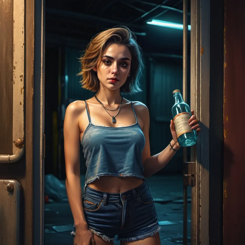 Prompt: 4k , high resolution ,professional ,art photography , dark colors ,expressionism  , digital painting ,  ,industrial area ,neglected street, roller shutter door , night, led lights , roller shutter door under it , a woman holding a bottle in her hand ,she is leaning against the door , tube top shirt  , short jeans , necklace , portrait , dramatic colors show that she is a loner ,she is sick and barely can stand , dramatic light , sadness , close up , led light above the roller shutter door , lights are on the woman's skin,close up