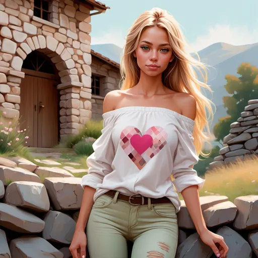 Prompt: digital painting of a woman ,(off-shoulder white shirt )with patterns (pink hearts) , skinny jeans , tanned skin ,long  blonde hair , red nails , she is standing and there is a a building with dry-stone wall  behind her with irregularly shaped stones, with natural colors like beige, cream, and light brown. ,. Small patches of green vegetation grow in the crevices between the stones. , urban settings , sunny day , summer , bright sky  