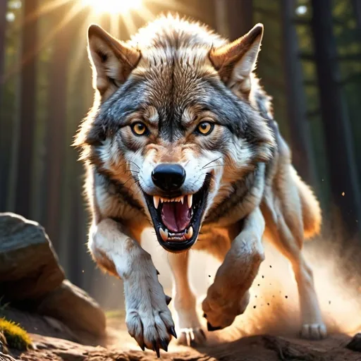 Prompt: 4k , high resolution , detailed photo , bright colors ,digital painting , photorealism , animal photography ,wolf is  jumping and exposes his teeth , aggressive look , scary , close up , attacking , photography , low angle shot , sun shines on the wolf