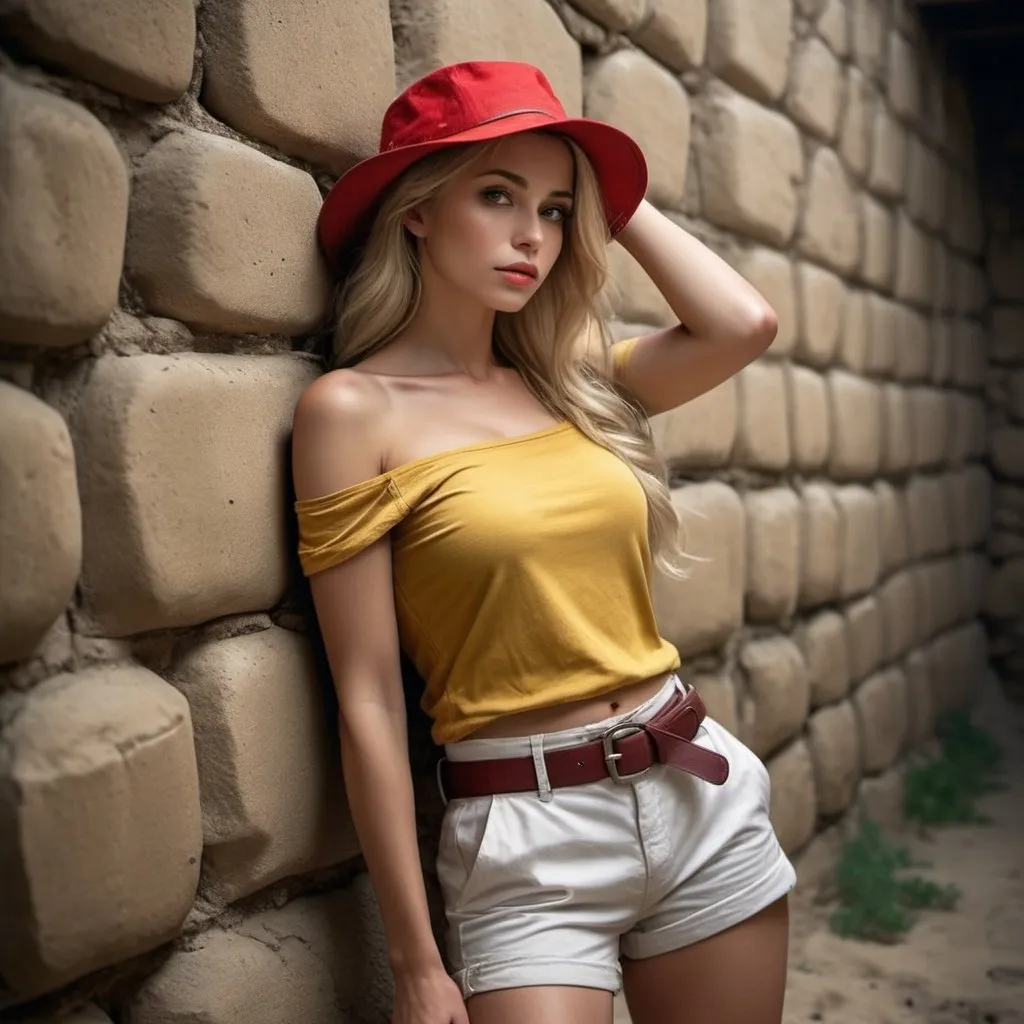 Prompt: 4k , high resolution . professional , realism ,dark colors ,glamour photography , art photography ,stone wall,road, sand , a woman leaning against the wall in modeling pose , blonde air , off shoulder yellow sleeveless shirt , white cargo shorts , belt ,kettle brim red hat: , detailed features, atmospheric lighting ,drama , low angle shot