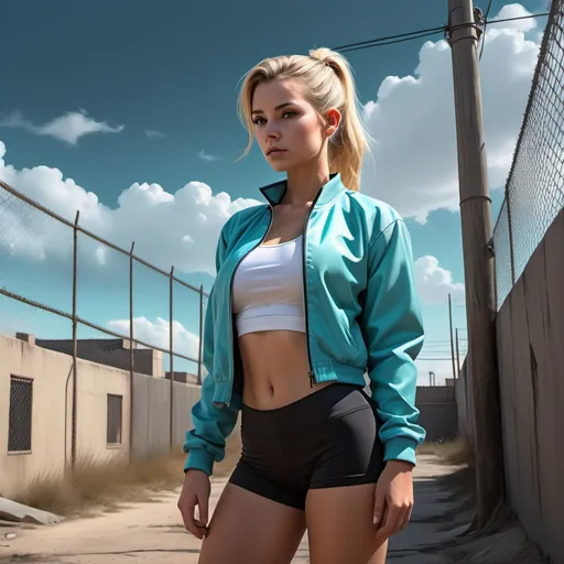 Prompt: (4K, high resolution, ultra-detailed) photo realism , digital painting , (dark dramatic colors), bright sky ,urban scene, old muted building , sandy surroundings,chain-link fence , woman wearing a (Tiffany blue jacket), (white shirt ), (black yoga shorts ), blonde hair(ponytail),  confident pose(low angle shot), emphasize the colorful clothing against the muted buildings , realistic colors on buildings,sunlight shines the woman