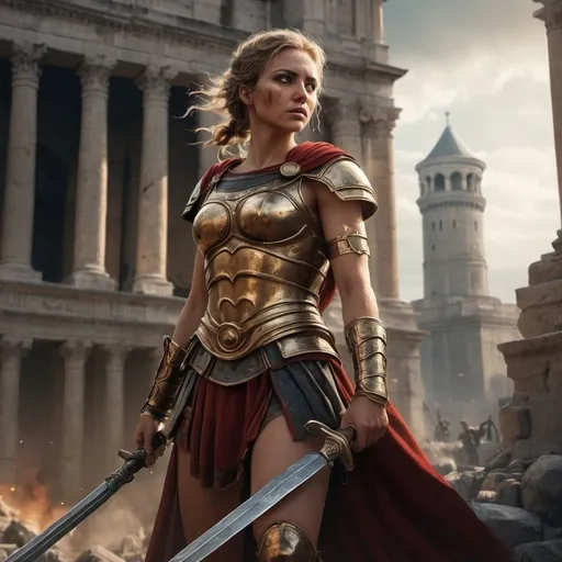 Prompt: 4k , high resolution , detailed features , roman empire , dramatic colors , fight scene , 
a female  warrior holding a sword in her hand, tower in the background,combat stance ,fight , fantasy art, epic fantasy character art, concept art , close up 