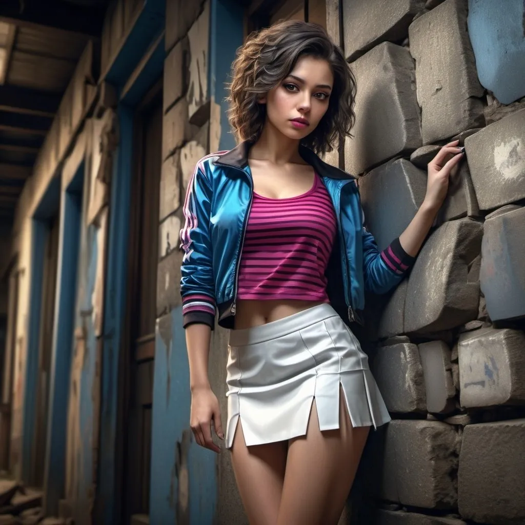 Prompt: neglected building ,old street,cracked illuminated stone wall  , a woman leaning against the wall in modeling pose , blue jacket , fuchsia crop top shirt , white , miniskirt , brown skin , curly black and gray mixed hair with pink stripes ,legs , 4k , glamour photography , high resolution , digital painting , photorealism , dark colors , art photography 