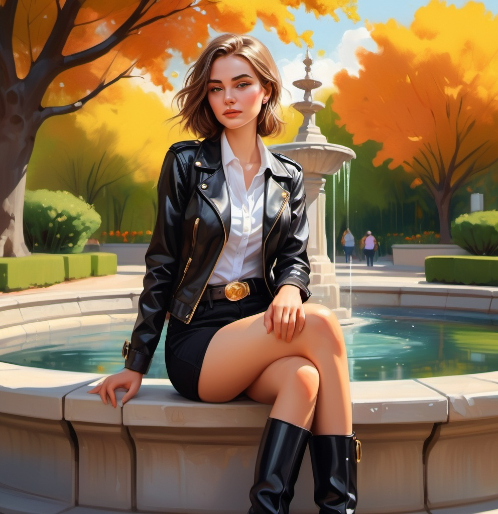 Prompt: digital painting , bright colors , high resolution , 
  , there is a fountain in the background ,trees and bushes  ,  a woman is sitting on the fountain and  posing for a picture serene atmosphere , spring season , warmth colors  , she is wearing fitted black crop  jacket , white shirt  ,stylish black shorts with belt (golden circular buckle) ,high knee  black boots (focus on her feet , low angle shot)  , blonde hair , hair band 