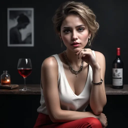Prompt: high resolution , 4k , detailed face , black white and red colors shot , realism,expressionism , , sad atmosphere, professional modeling photography  , dark room , dark walls ,dramatic led light , a woman leaning against and drinking red wine , white sleeveless shirt , khaki tight pants , necklace , earrings  ,full body 