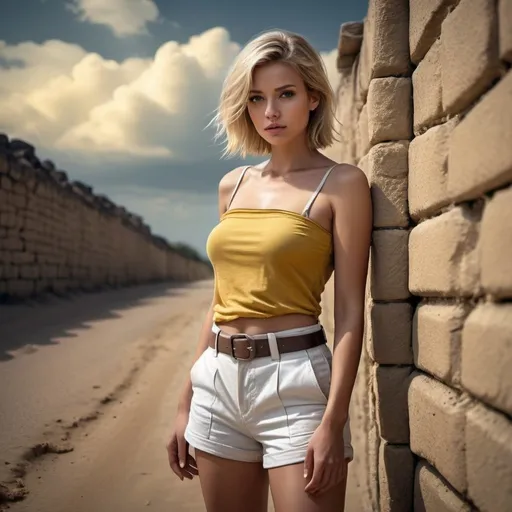 Prompt: 4k , high resolution . professional , realism ,dark colors ,glamour photography ,sky, art photography ,small stone wall,road, sand , a woman leaning against the wall in modeling pose , blonde air , off shoulder yellow sleeveless shirt , white cargo shorts , belt , detailed features, atmospheric lighting