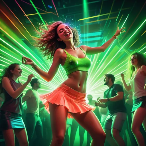 Prompt: High-quality digital art of a woman (coral miniskirt) dancing in a club, vibrant green laser beams illuminating her skin, creating a dynamic and energetic atmosphere. The background features a colorful, lively nightclub scene filled with pulsing lights and an excited crowd, evoking a sense of exhilaration and nightlife. Ultra-detailed, cinematic lighting enhances the vivid colors and movement, emphasizing the joy and freedom of dance.