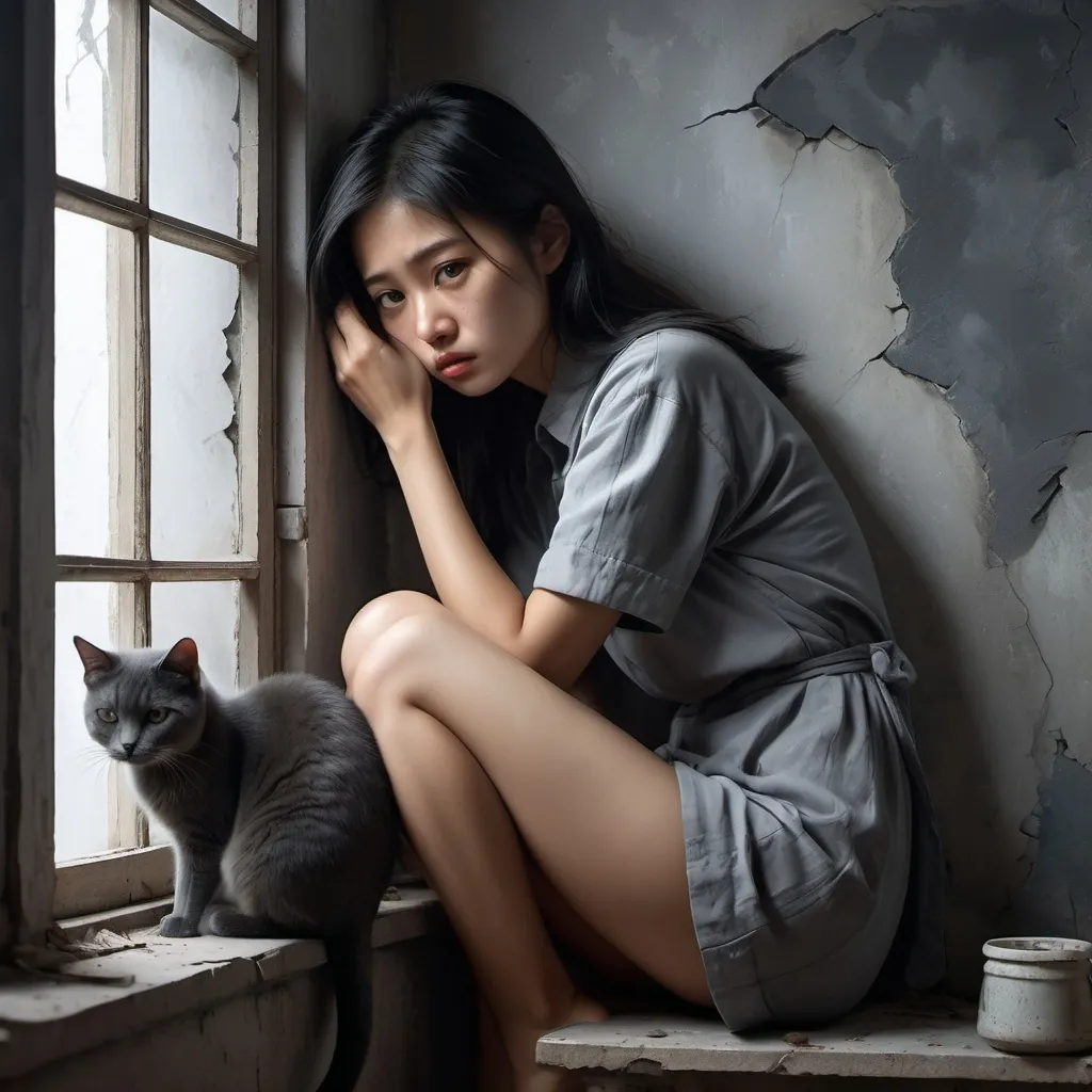 Prompt: 4k , high resolution ,detailed , oil painting , grey themed photo ,poor room with cracked wall ,gray sky, window with shutters , a asian woman leans against the wall ,gray cat,she looks depressed and tired, black hair with some gray hairs, mini slit  grey dress reveals legs , focus on legs
, portrait , expressionism , dark colors   , modeling pose , fashion , unique pose,close up , 