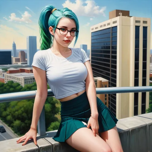 Prompt: a beautiful woman(blue and green hair,ponytail  ,glasses ,pale skin ) in  skirt and a t-shirt posing for a picture in front of a building with a city in the background, modeling pose (low angle shot)  figurative art, extremely detailed oil painting, a photorealistic painting , she is sitting on the railing