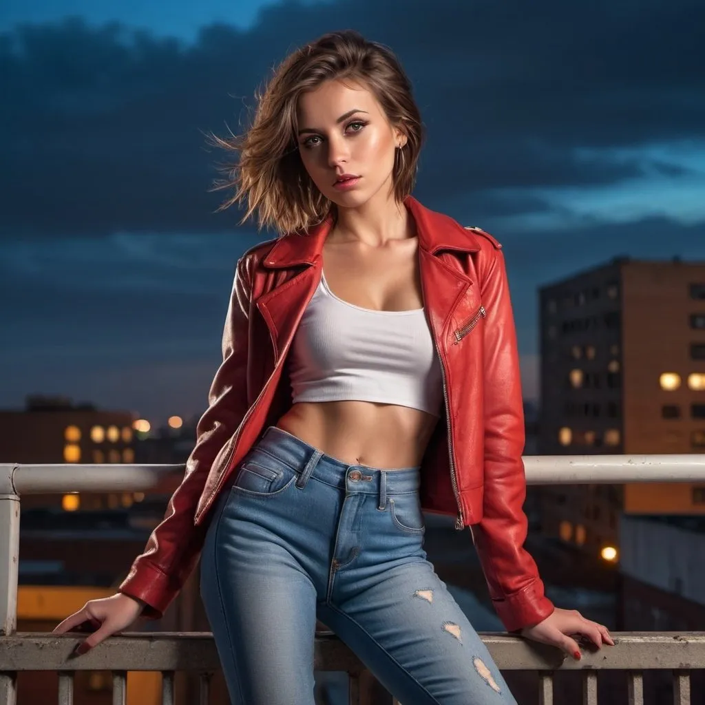 Prompt: 4k , high resolution , detailed ,glamour photography , dramatic colors, realism ,professional, lights , art photography,neglected rooftop, urban view, sunset , a woman leaning against the railing in modeling pose, bangs haircut, brown hair , opened red coat and white crop top under the brown jacket  , blue long tight  jeans , portrait , legs , low angle shot 