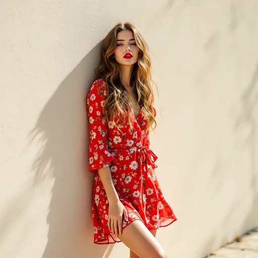 Prompt:  woman leans casually against a textured , light-colored wall  , exuding confidence and style. she wears a bright floral red dress that fit her figure well. Her long, wavy hair cascades over her shoulders, and her bold red lips provide a striking contrast to her outfit. The sunlight casts soft shadows on the ground, enhancing the serene, sunlit ambiance of the scene, which seems to capture a moment of youthful vigor and effortless chic. The overall composition emphasizes her poise while showcasing the modern urban aesthetic.