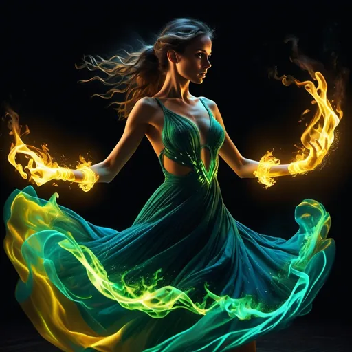 Prompt: 4k , high resolution,surrealism , illustration  , digital painting  , ultra detailed , art photography , bright colors , black background with green fire   , a woman dancing in the dark room ,she wears  yellow glowing bracelets illuminating her hands) , dynamic movement , full body ,  blue dress dress , the dance makes the dress look more dynamic , dramatic lighting around the woman , close up 