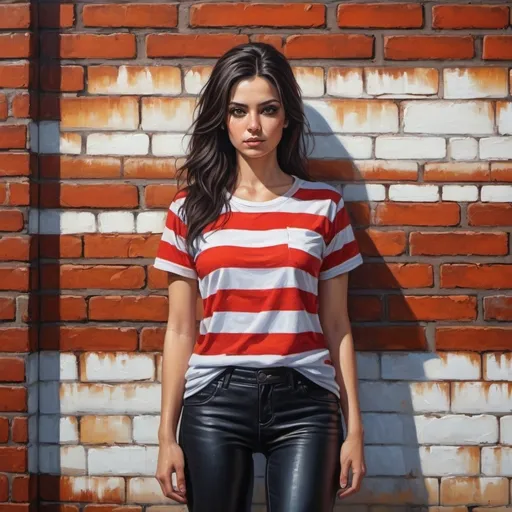 Prompt: 4k , high resolution , oil painting , industrial settings  , ultra-detailed street ,art photography , bright colors , woman standing near rusty brick Wall  , modeling pose  , (white with red horizontal striped t-shirt) (same pattern of the stripes, 6 stripes)  , (black leather pants ), brown skin , black hair , long hair , slavic face  