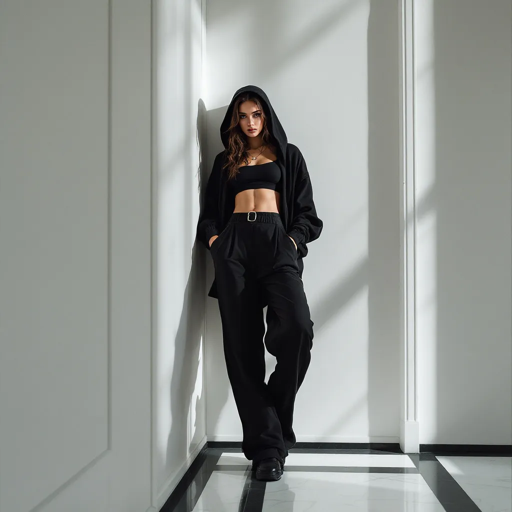 Prompt: photorealistic, high-resolution artistic photography, female model leaning against the wall creating an artistic photo by her pose and lighting settings , donning an open black hoodie covers her head paired with a black crop top and high-rise pants, studio setting with professional lighting highlighting her features, elegant black and white tiled floor shining beneath her, dynamic composition showcasing strength and grace, ultra-detailed textures and fabric of the attire, stylish and contemporary atmosphere.