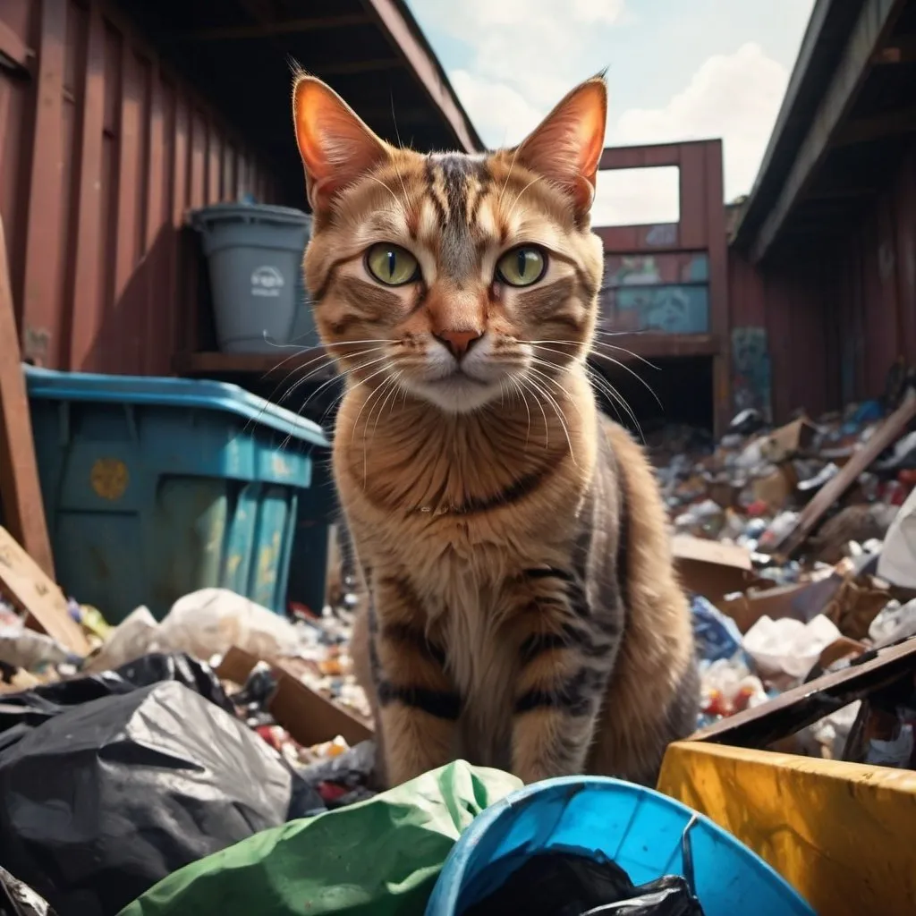 Prompt: 4k, high resolution, digital painting, dramatic colors,intense lighting , detailed features, art photography, cats in trash  trash yard , , detailed facial expression, low angle shot, good composition, professional lighting, 