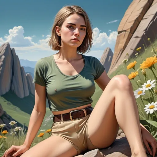 Prompt: 4k , high resolution , digital painting , photorealistic painting  , nature , blue sky  ,mountain , landscape,woman sits on the ground , flowers,rock, short beige pants with belt , dark green crop top shirt  , close up , modeling , model stance , summer , hot , sweat , unique pose , 