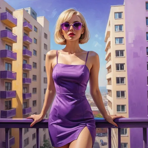 Prompt: 4k,oil painting,high resolution,professional, bright colors , modeling ,summer, purple themed photo ,  a rich woman stands in a balcony in a tall building  ,she is modeling, bob haircut,blonde hair,mini slit purple dress reveals legs,focus on legs ,sunglasses , mirrored lens,, close up , portrait , view from the ground 