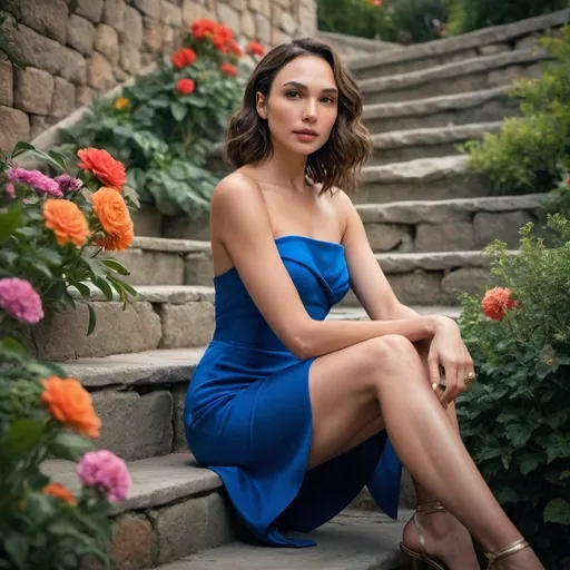Prompt: high resolution , 4k , detailed photo , modeling ,
 gal gadot sitting on stairs in modeling pose , blue slit mini dress , off shoulder ,
,bright colors, dramatic scene ,beautiful garden,flowers ,stone wall , bushes , art photography, portrait photography, low angle shot , legs 
