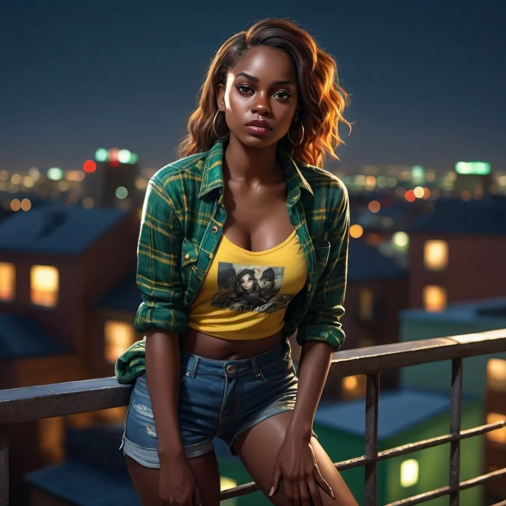 Prompt: 4k , high resolution , detailed ,fashion photography ,digital painting , dramatic ,bright colors, realism ,professional, lights on the woman , art photography,neglected rooftop,urban view, night, a woman standing near the safety railing in modeling pose ,black skin ,flannel green yellow shirt , short jeans ,
portrait , legs , low angle shot ,