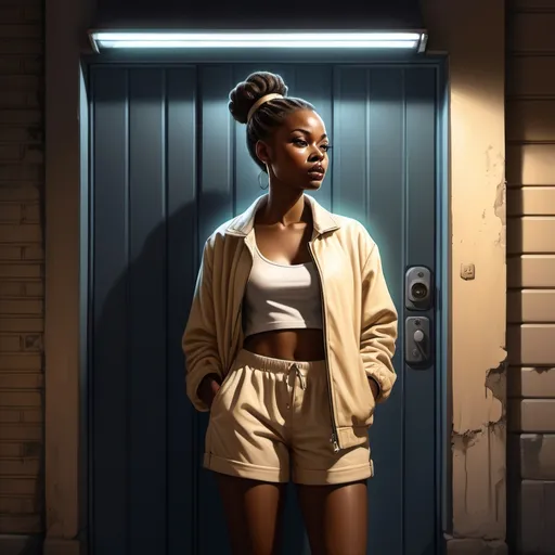 Prompt: high resolution , 4k , digital painting ,realism  , neglected street ally , roller shutter door ( Fluorescent above the door) ,, night time , a black woman(bun hairstyle , beige jacket , ivory shorts) standing near the wall , the woman illuminated by the light of the fluorescent 