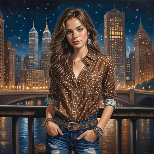 Prompt:  (photorealistic) woman,in brown blouse with a patterns of white dots ,3/4 jeans with belt ,long brown hair , bracelet,, , , posing for a picture, in front of a towering building, vibrant city lights in the background, deep blues and silvers of nighttime, intricate details in her outfit,  creating a lively ambiance, (extremely detailed) oil painting, capturing the essence of nightlife with a glossy finish, (high quality) 4K, ultra-detailed textures.l