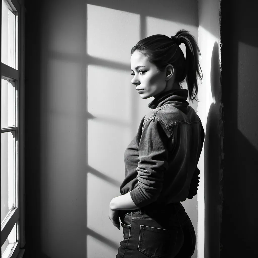 Prompt: black and white colors palette only in this image ,oil painting ,art photography,room, window , a 35 years old woman(ponytail , turtleneck , jeans) standing near the wall in modeling pose , dark colors , light and shadow capturing feelings of loneliness 
 , high-quality , rich contrast