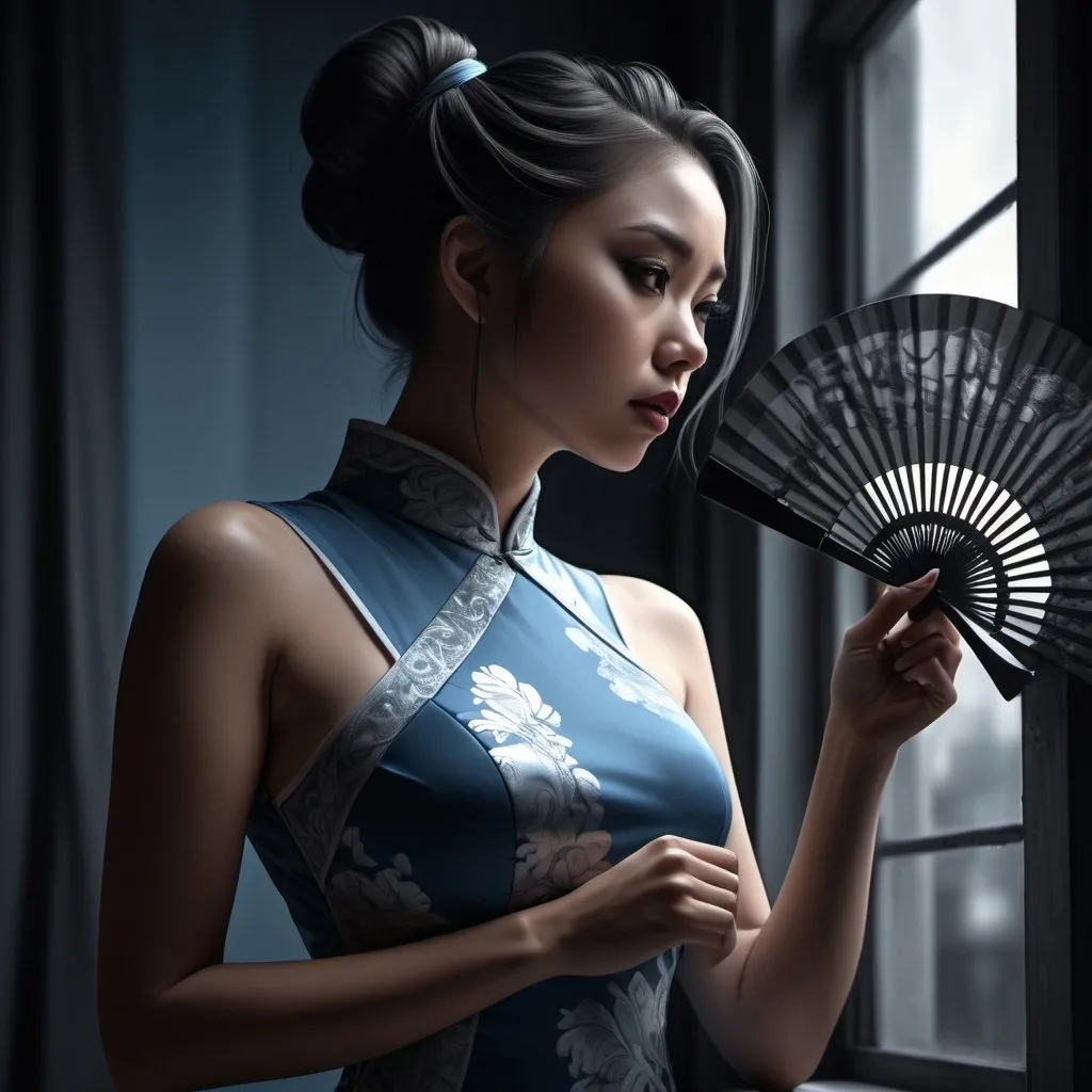 Prompt: 4k , high resolution , digital painting , photorealism , artistic , achromatic grays ,window, dark room ,  modeling , a asian woman holds beautiful detailed  fans,dynamic photo , dramatic ,  hair buns  hairstyle , blue modern cheongsam dress , legs , model stance , low angle shot , expressionism , close up , light and shadow photography , portrait , sad face