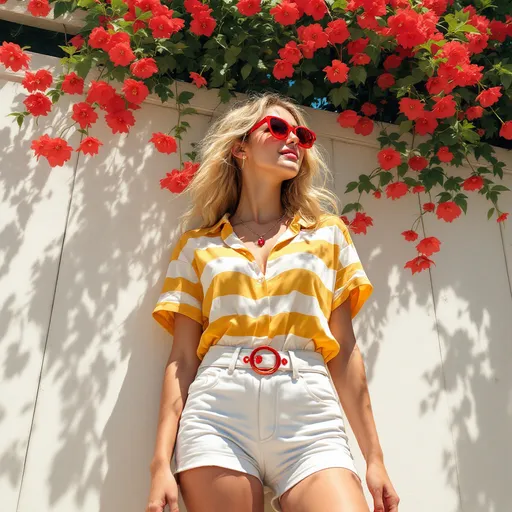 Prompt: A vibrant digital painting captures a sun-drenched scene where a woman with blonde hair (low angle shot)standing in modeling pose  against a backdrop of a charming white fence adorned with cascading red flowers, their petals gently swaying in a warm breeze. She wears a horizontally striped yellow and white shirt that pops against the soft, sandy ground below her feet, paired with fitted white shorts held in place by a striking red circular buckle belt. Around her neck glimmers a necklace showcasing a brilliant red beryl, while stylish red sunglasses rest lightly on her nose. Dramatic, dappled sunlight filters through the flowers, creating playful shadows, enhancing her joyful expression as she gazes to the side, embracing the carefree essence of summer. This scene, imbued with warm, inviting colors, 