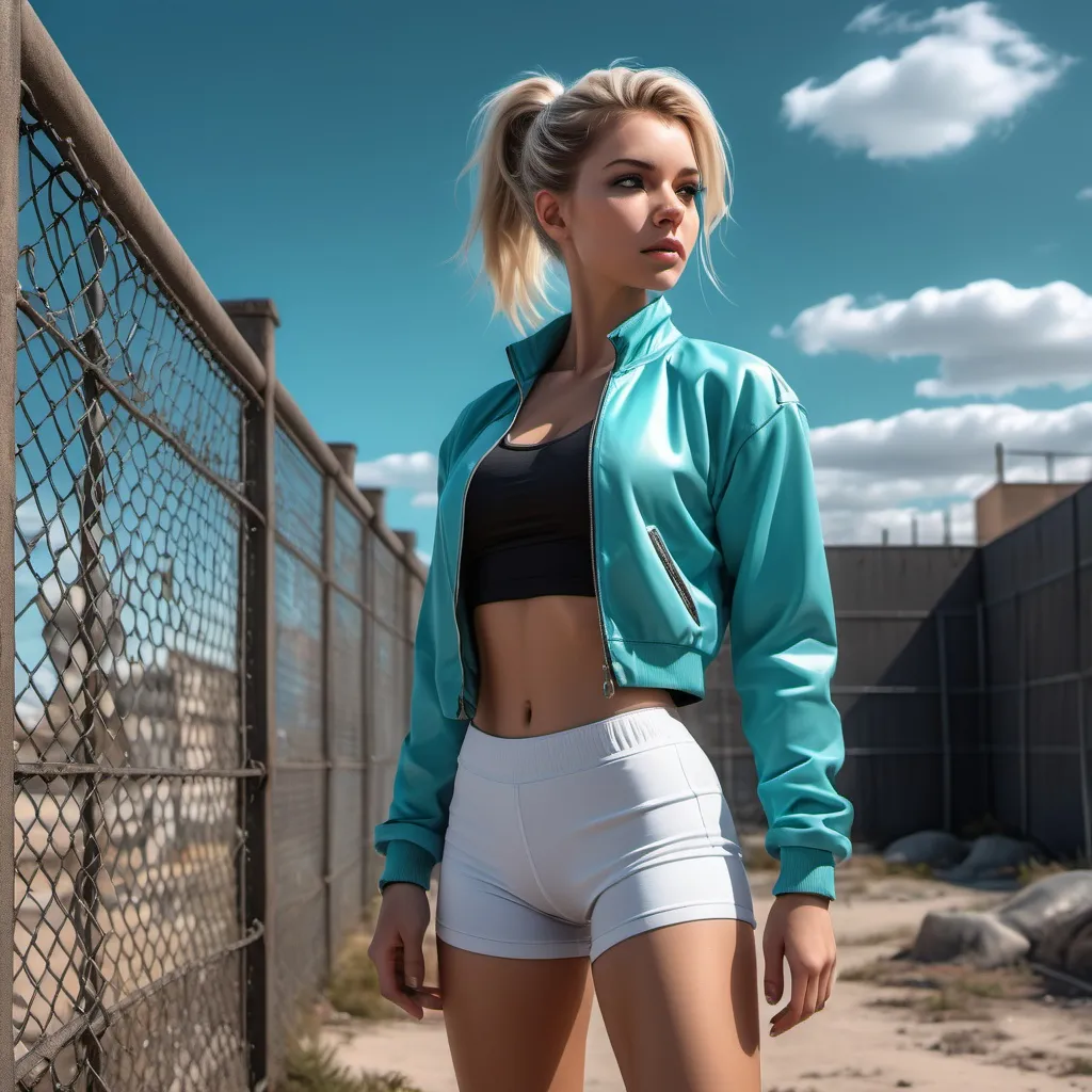 Prompt: (4K, high resolution, ultra-detailed) art photography , fashion , digital painting , (dark dramatic colors), bright sky ,urban scene, old muted building , sandy surroundings,chain-link fence , woman wearing a (Tiffany blue jacket), (white shirt ), (black yoga shorts ), blonde hair(ponytail),  she is standing near the fence(confident pose), emphasize the colorful clothing against the muted buildings , realistic colors on buildings,sunlight shines the woman