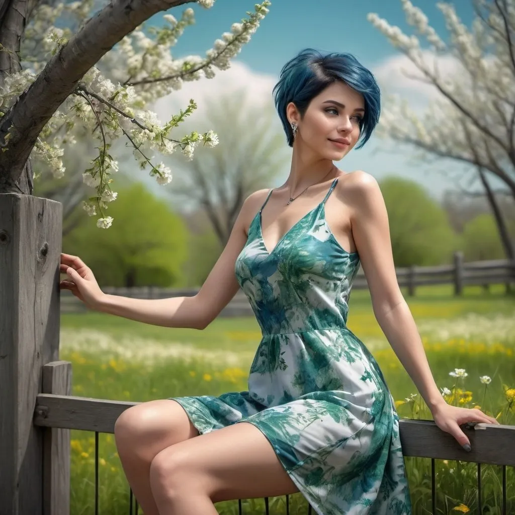 Prompt: 4k , high resolution , glamour photography , art photography , digital painting ,achromatic colors ,trees ,beautiful calm place ,peaceful ,blue sky, flowers are blooming ,spring season , an attractive woman leaning against fence and touching her dress ,modeling pose ,she enjoys the freedom of the nature , smiles , blue pixie hair , green floral mini dress  , earrings , necklace  , low angle pose , legs  , close up 